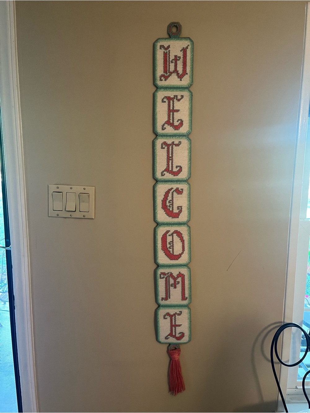 Vertical 'WELCOME' Cross-Stitch Wall Banner in Green and Red